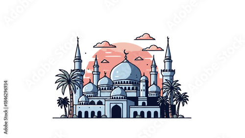 Beautiful Islamic Mosque Architecture with Palm Trees.