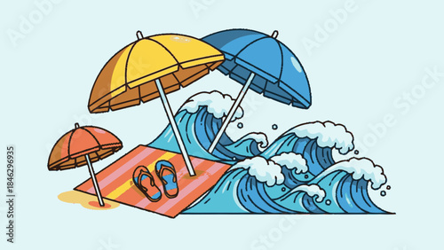 Beach Scene with Umbrellas and Waves.
