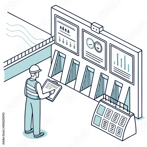 Hydroelectric dam control room with engineer and transparent screens