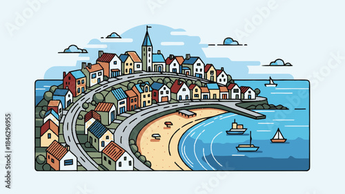 Charming coastal village with colorful houses and a scenic bay.