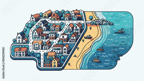 Charming Coastal Town with Winding Roads and Ocean Views.