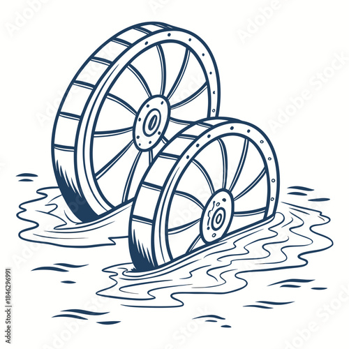 Large turbine blades half immersed in bright water