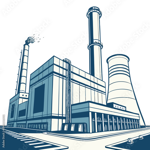 Blue and white of a power plant with cooling tower and smokestacks