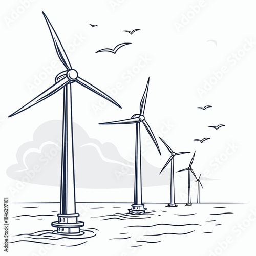 Offshore wind turbines in calm sea with seagulls flying