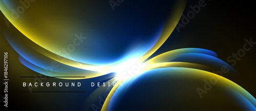 Abstract design features flowing curves, vibrant gold, blue hues. Bright light radiates from center, dark background enhances contrast.