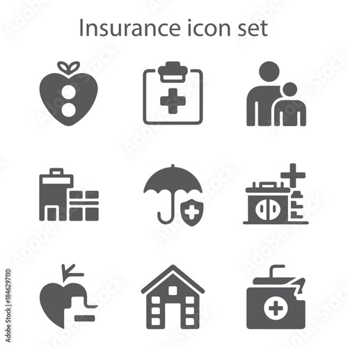 A vital solid vector icon set for all types of insurance: health, travel, property, and life, ideal for financial services design.