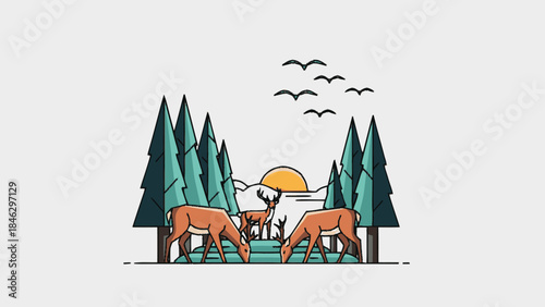 Deer Family Illustration with Trees and Birds.