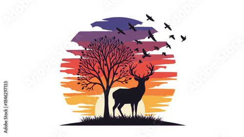 Deer Standing Beside Tree Silhouette Illustration.