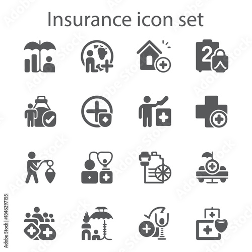 A vital solid vector icon set for all types of insurance: health, travel, property, and life, ideal for financial services design.