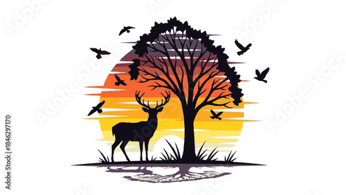 Deer Standing Beside Tree with Birds Flying.
