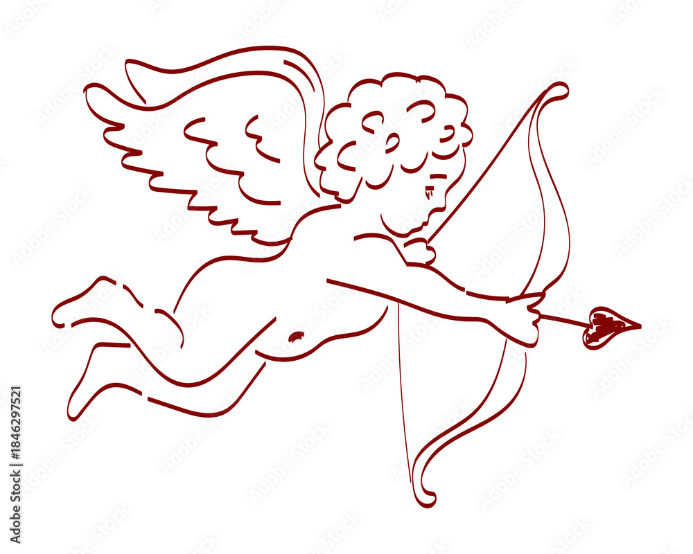 Fototapeta premium Cupid with a bow and arrow aiming at a heart in a flying position across a simple background