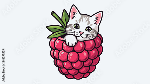 Kitten Emerging from Raspberry Fruit Illustration.
