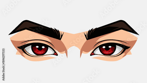 Intense Anime Eyes with Red Pupils and Dark Eyebrows.