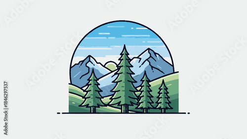 Majestic Mountain Landscape with Evergreen Trees.