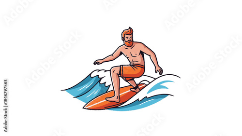 Man Surfing on Orange Board Riding Ocean Wave.