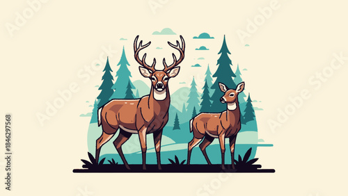 Majestic Deer Family Standing Proudly in Forest.