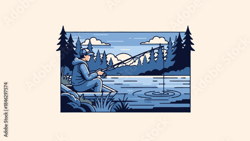 Man fishing peacefully by the lake during sunset.