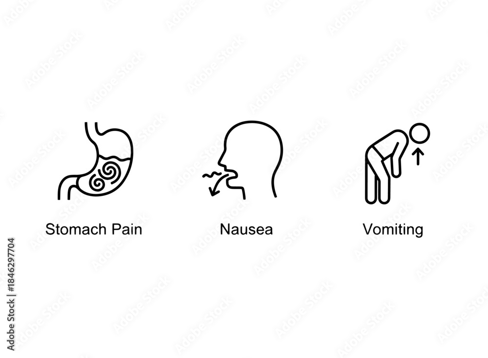 Obraz premium Stomach Pain Nausea Vomiting Minimal Bold Line Icon Set
