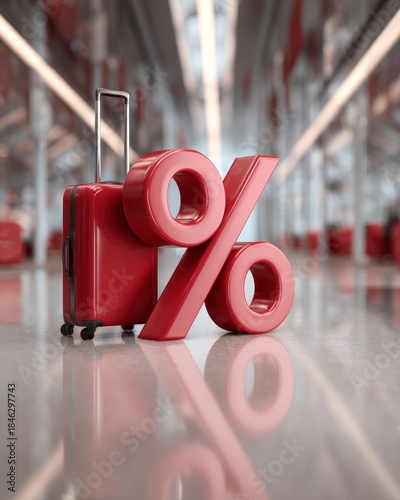 Red suitcase shaped as percent symbol standing in airport terminal. Concept of travel discount, tourism promotion and holiday sale.
