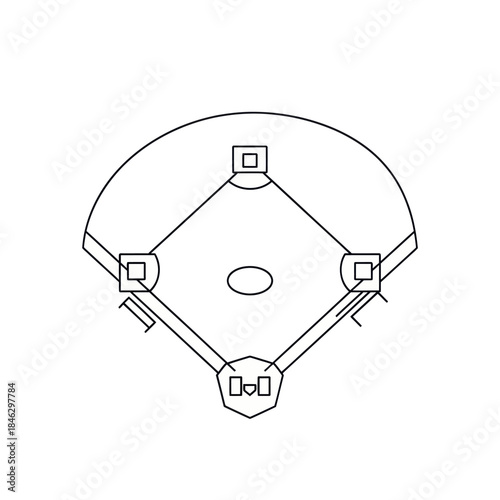Baseball diamond layout with bases and home plate.