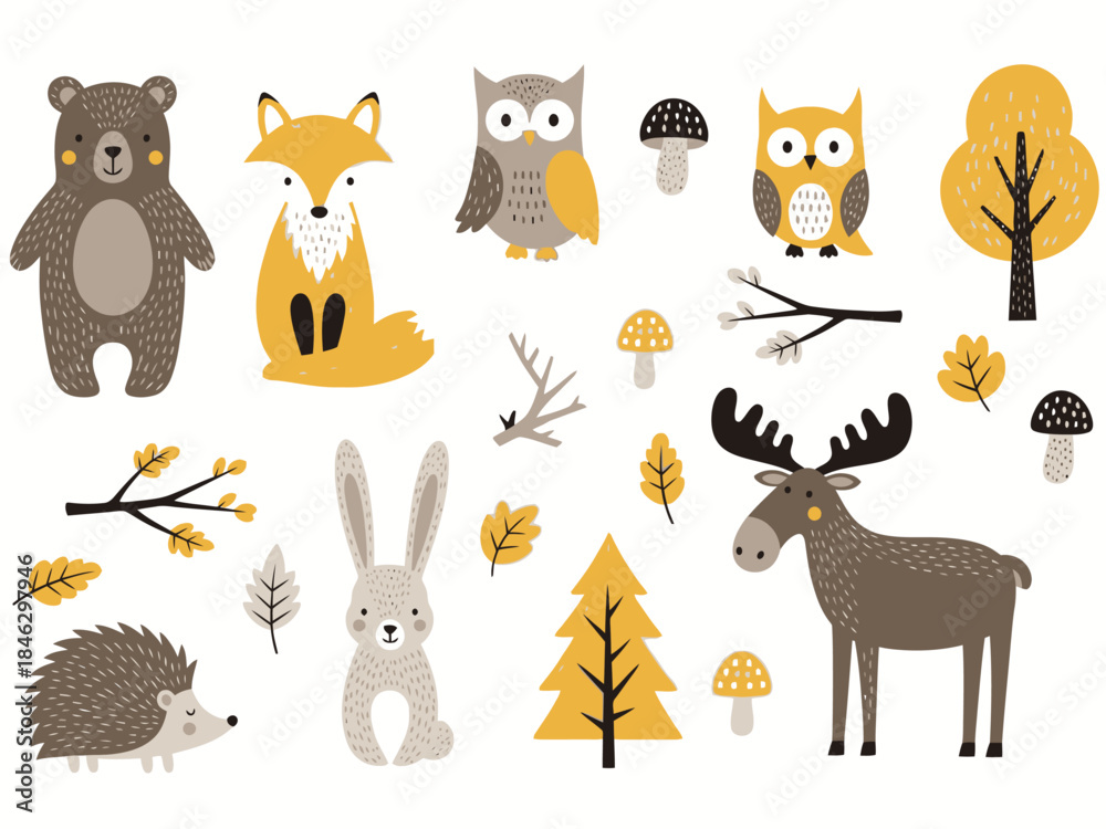 Fototapeta premium Cute Scandinavian Forest Animals and Trees Vector Illustration Set
