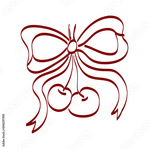 Drawing of a bow with cherries for decoration on a plain background showing simplicity and design elements