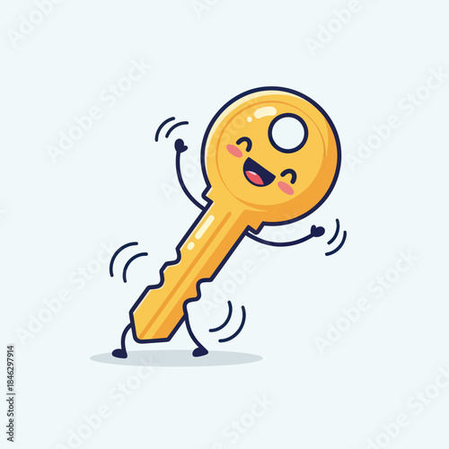 Cartoon Key Character with Happy Expression and Waving Arms.