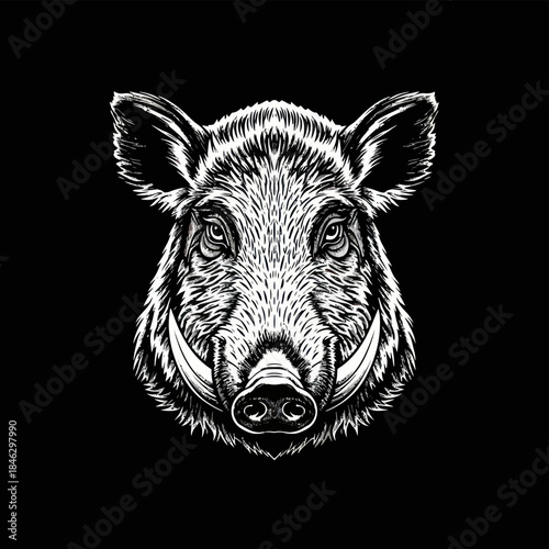 Detailed black and white illustration of a wild boar 1.