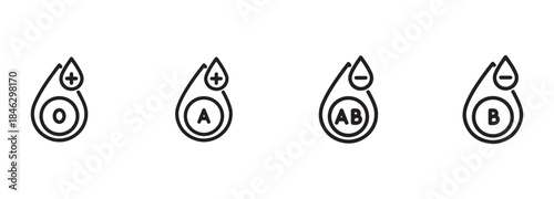 Blood Group Types Icons Set. O, A, B, AB with Positive and Negative Rh Factor