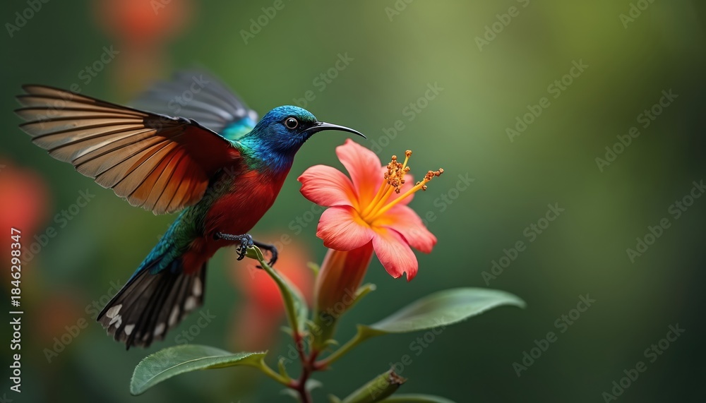 Naklejka premium Tiny sunbird drinks nectar from orange blossom. Bird with blue red green feathers hovers near flower. Macro wildlife nature scene in garden.