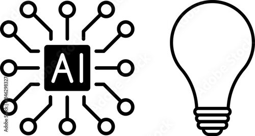 AI microchip with circuits and glowing light bulb. AI, innovation, technology, creativity.