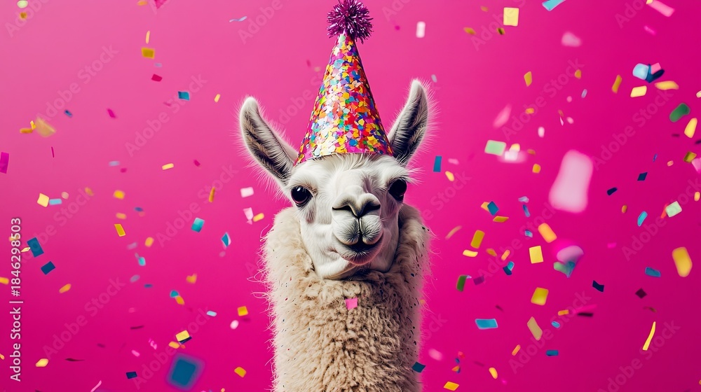 Fototapeta premium Llama in a party hat covered with colorful confetti, surrounded by bright pink tones. .