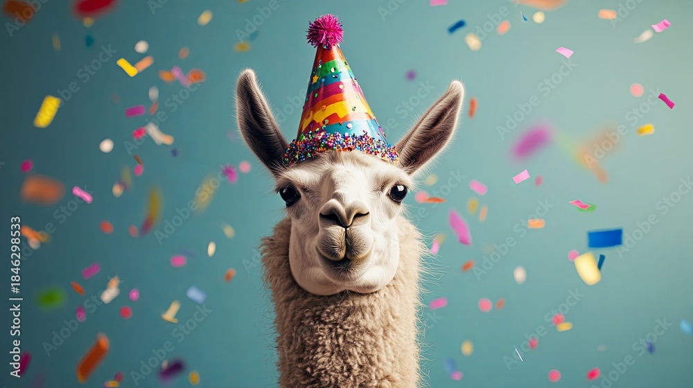 Fototapeta premium Llama wearing a festive party hat with colorful confetti falling around. .