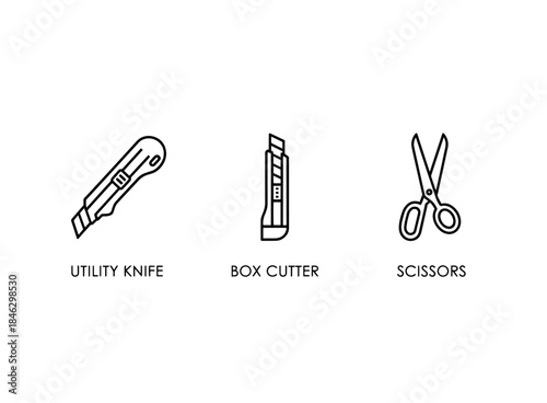 Utility Knife Box Cutter Scissors Minimal Bold Line Icon Set