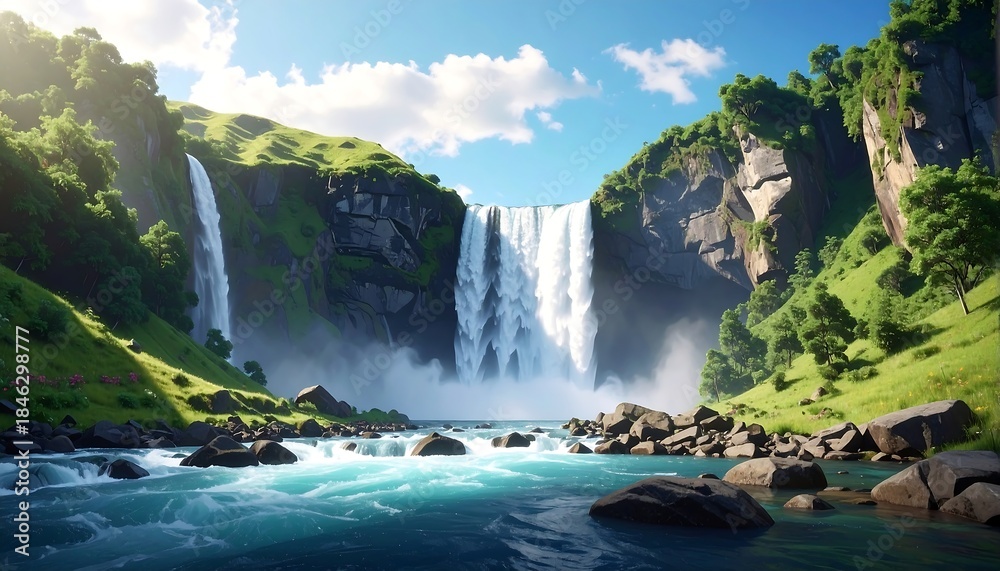 Naklejka premium A picturesque scene of multiple waterfalls cascading into a river, surrounded by lush green hills under a bright sky