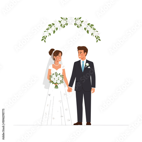 Elegant Wedding Day Bride and Groom Under Floral Arch.