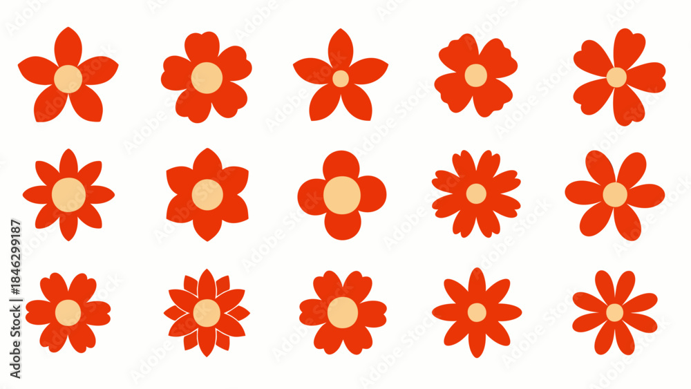 Obraz premium Collection of 15 Red Flowers with Yellow Centers on White Background, Flat Design