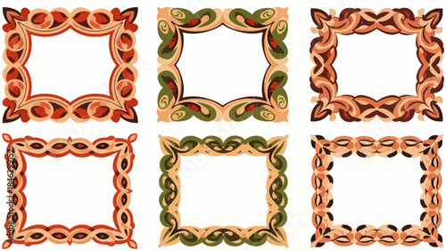 Collection of six ornate, decorative, and colorful square and rectangular frames with intricate patterns