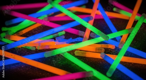 A pile of brightly colored neon glow sticks scattered randomly on a dark surface for a party or rave