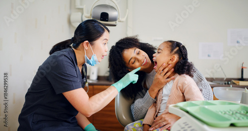 Fotografie Dentist, mother and child in consultation with inspection for oral hygiene, healthcare or wellness