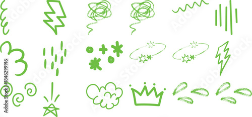 Collection of Green Hand-Drawn Doodle Icons and Symbols on White Background