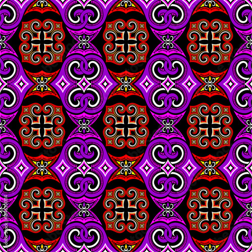 Seamless Modern Batik Pattern with Purple and Red Ethnic Ornament