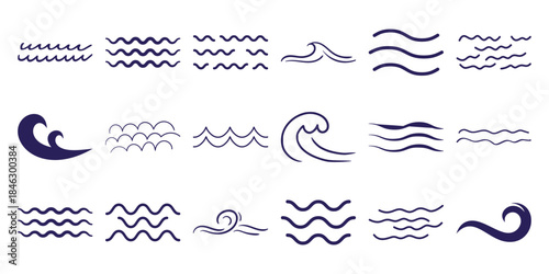 Collection of Hand-Drawn Blue Wave Icons and Symbols on White Background