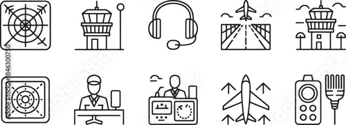 Collection of nine black and white aviation control icons and symbols air traffic control airport
