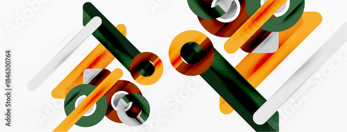 Abstract geometric composition. Lines, rectangles, circles intersect creating dynamic visual effect. Colors include orange, green, white.