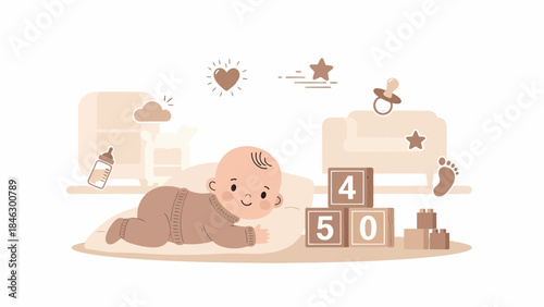 Baby Lying on Stomach with Blocks Nearby.