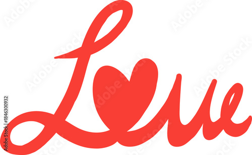 Hand-drawn red love text with heart illustration