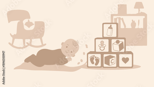 Baby Playing with Blocks on Floor.