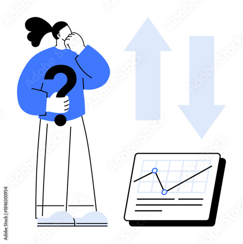 Woman holding a question mark, visualizing rising and falling arrows and a graph display. Ideal for analytics, decision-making, data trends, uncertainty, strategy planning, problem-solving