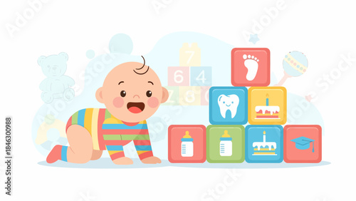 Baby Playing with Toy Blocks on Floor.